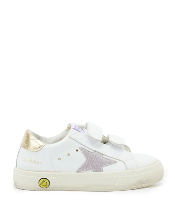 marques de renommée GOLDEN GOOSE Baskets Bébé May School Cuir Blanc Rose Doré 1