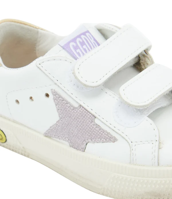 marques de renommée GOLDEN GOOSE Baskets Bébé May School Cuir Blanc Rose Doré 5