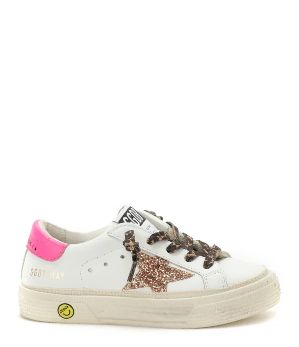 GOLDEN GOOSE Baskets Enfant May Cuir Glitter Pêche Rose Fluo excellente qualité 1