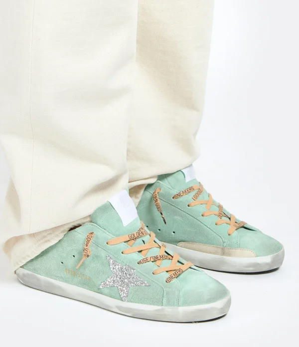 GOLDEN GOOSE Baskets Superstar Cuir Suédé Turquoise Glitter REMISE 6