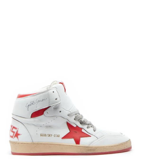 GOLDEN GOOSE Baskets Homme Sky Star Sérigraphie Cuir Blanc Rouge Distributeur Officiel 1