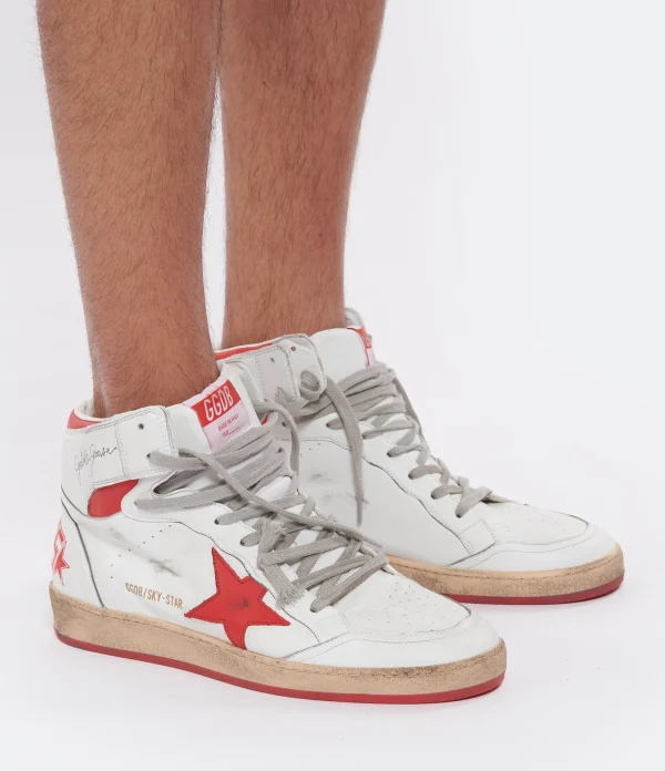 GOLDEN GOOSE Baskets Homme Sky Star Sérigraphie Cuir Blanc Rouge Distributeur Officiel 7