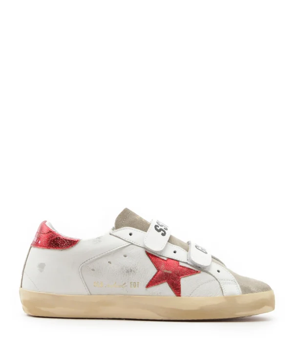 GOLDEN GOOSE Baskets Old School Cuir Blanc Rouge Irisé magasin pas cher 1