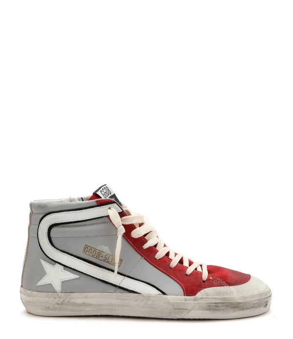 GOLDEN GOOSE Baskets Homme Slide Cuir Gris Rouge Blanc Argenté marques pas cher 1