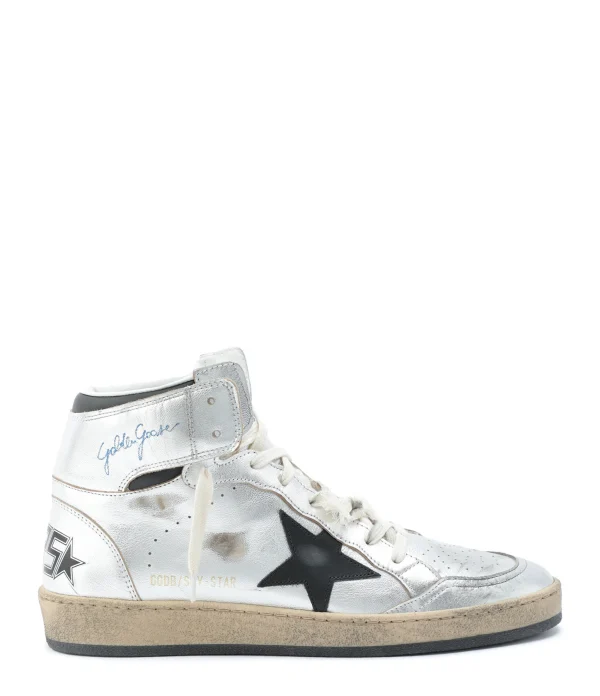 Les achats en ligne GOLDEN GOOSE Baskets Homme Sky Star Cuir Argenté Noir 1