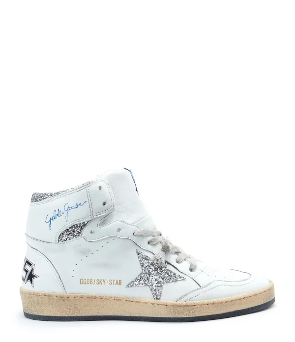 magasin en ligne france GOLDEN GOOSE Baskets Sky Star Sérigraphie Cuir Blanc Glitter 1