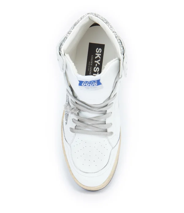 magasin en ligne france GOLDEN GOOSE Baskets Sky Star Sérigraphie Cuir Blanc Glitter 3