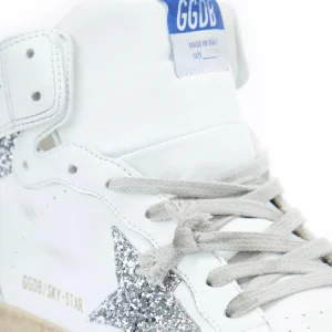 magasin en ligne france GOLDEN GOOSE Baskets Sky Star Sérigraphie Cuir Blanc Glitter 17