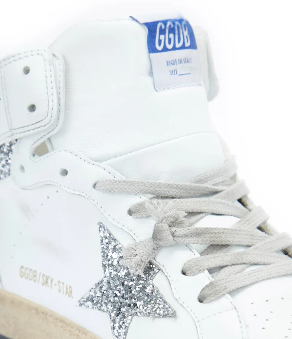 magasin en ligne france GOLDEN GOOSE Baskets Sky Star Sérigraphie Cuir Blanc Glitter 5