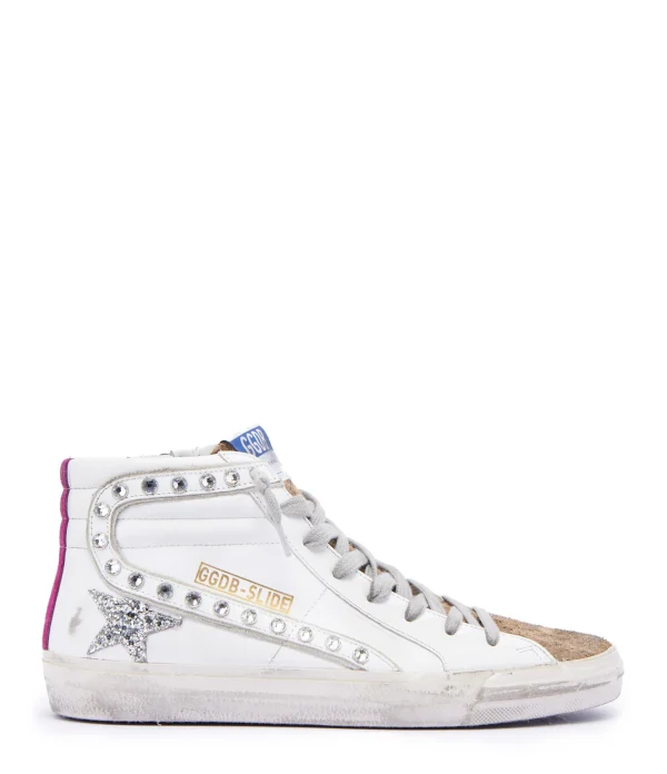 Livraison internationale GOLDEN GOOSE Baskets Slide Cuir Clous Blanc Léopard 1