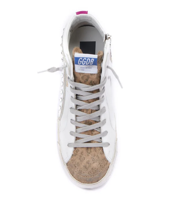 Livraison internationale GOLDEN GOOSE Baskets Slide Cuir Clous Blanc Léopard 3