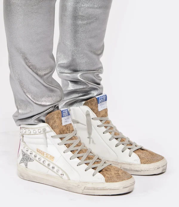 Livraison internationale GOLDEN GOOSE Baskets Slide Cuir Clous Blanc Léopard 6