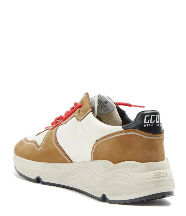 GOLDEN GOOSE Baskets Homme Running Cuir Nubuck Blanc Cognac pas cher 4