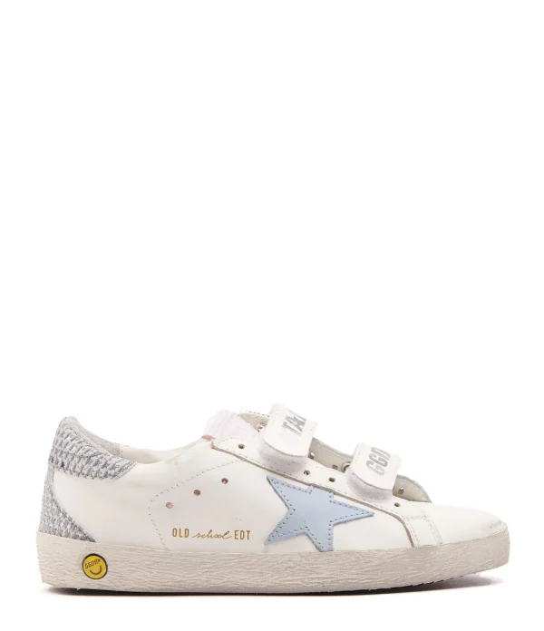 en promotion GOLDEN GOOSE Baskets Enfant Old School Cuir Blanc Bleu Poudré Argenté 1