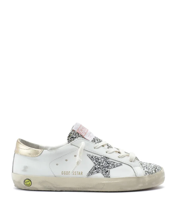 GOLDEN GOOSE Baskets Bébé Superstar Cuir Glitter Blanc Argenté Doré à prix très bas 1