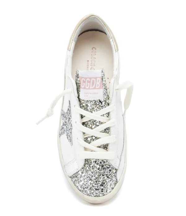 GOLDEN GOOSE Baskets Bébé Superstar Cuir Glitter Blanc Argenté Doré à prix très bas 3