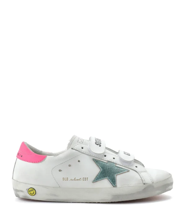 GOLDEN GOOSE Baskets Enfant Old School Cuir Blanc Menthe Rose Fluo Officielle 1