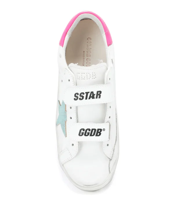 GOLDEN GOOSE Baskets Enfant Old School Cuir Blanc Menthe Rose Fluo Officielle 3