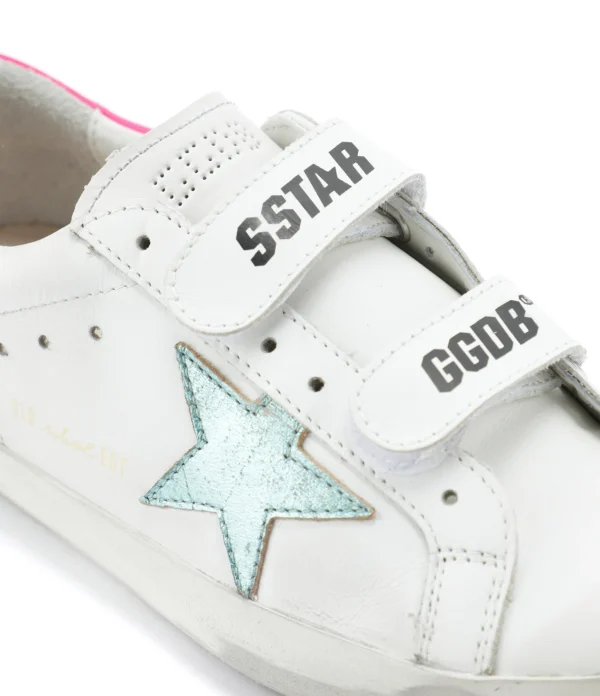 GOLDEN GOOSE Baskets Enfant Old School Cuir Blanc Menthe Rose Fluo Officielle 5