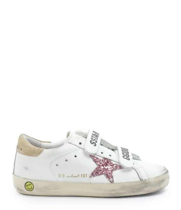 fashion pas cher GOLDEN GOOSE Baskets Bébé Old School Cuir Glitter Blanc Rose Beige 1